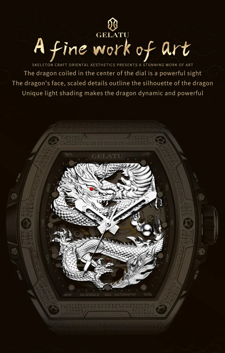 GELATU 6021 Hollow Dragon Luxury Mechanical Watch For Men Big Dial Automatic Wristwatch Deep Waterproof Luminous Man Watches Brief Boxers