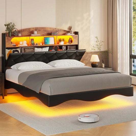 Floating Bed Frame Queen Size with Storage Headboard & Led Lights,Leather Upholstered Platform Bed with Charging Station,RGB Bed