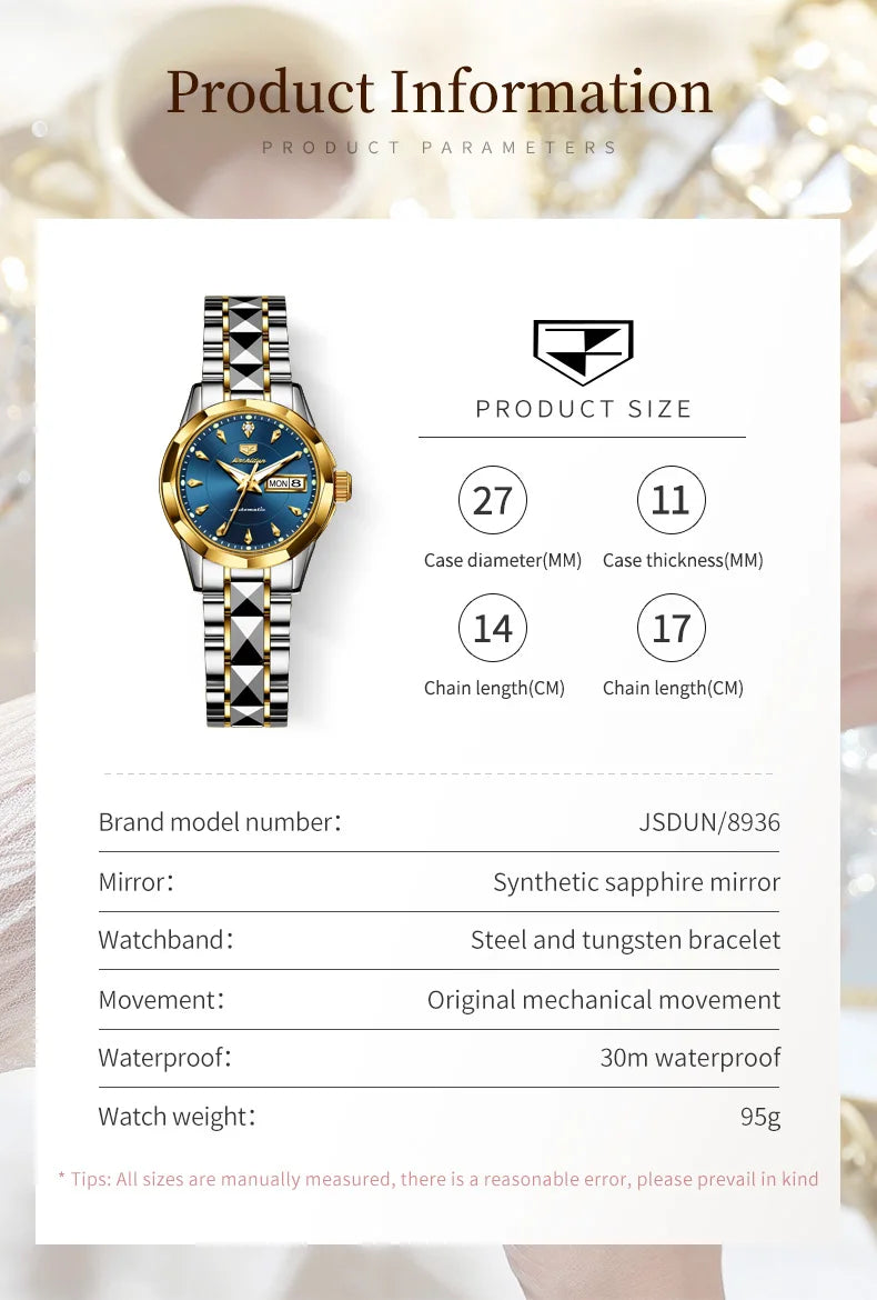 JSDUN 8936 Original Elegant Mechanical Woman Wristwatch Week Date Display Automatic Watch For Women Luxury Waterproof Watches Brief Boxers