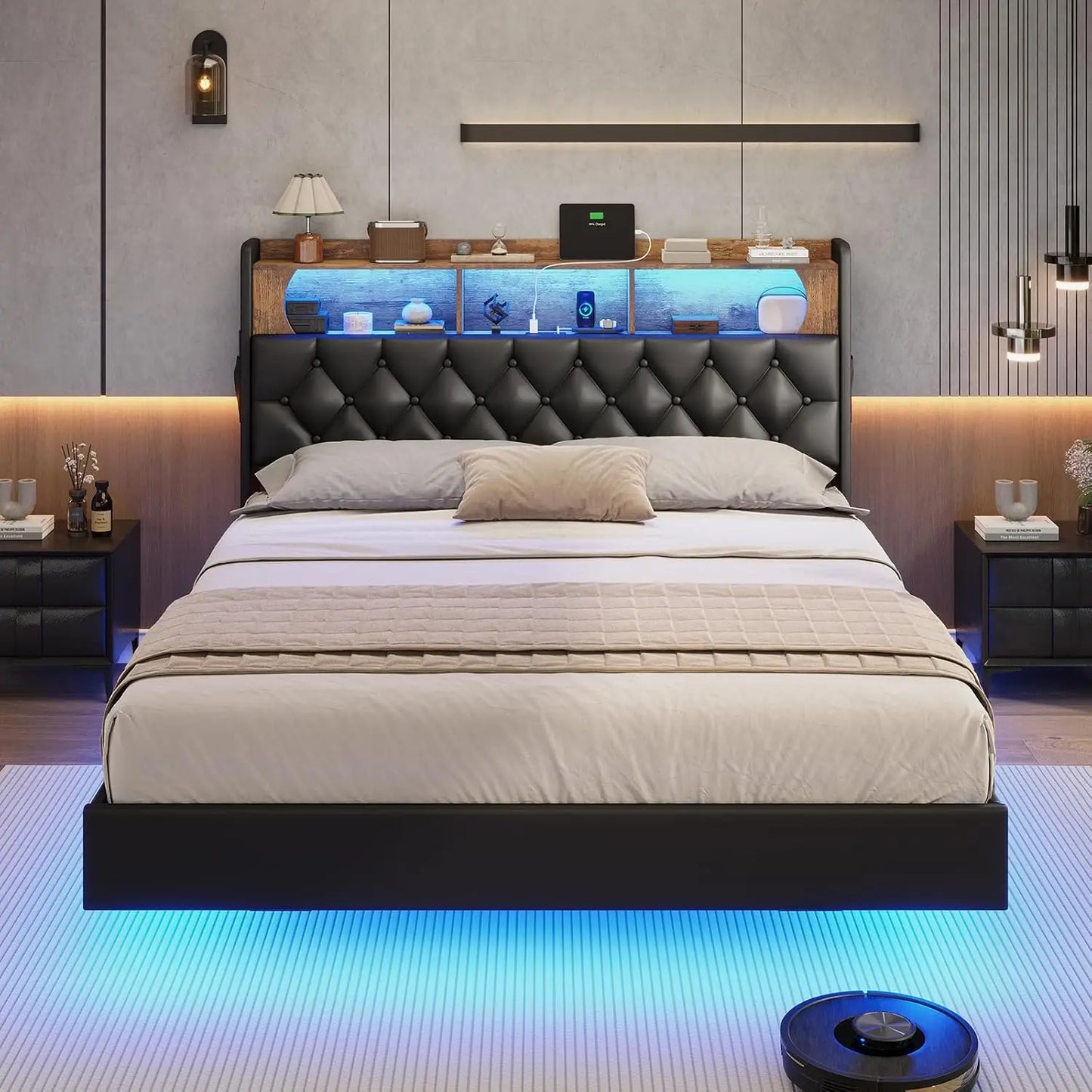 Floating Bed Frame, Floating Platform Bed with Charging Station with LED Lights & Storage Headboard, Modern LED Floating Bed