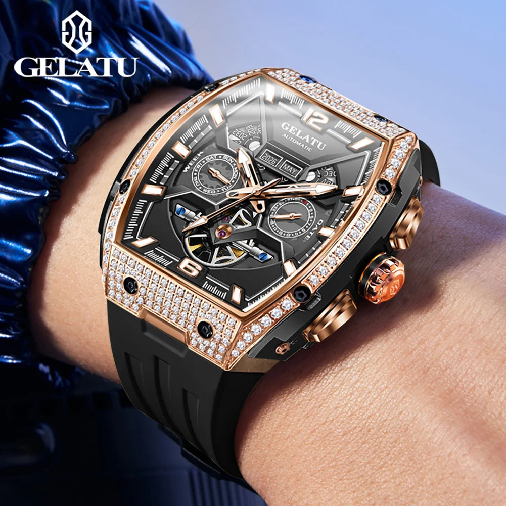 GELATU 6016 Diamond Hollow Man Mechanical Wristwatch Auto Date Deep Waterproof Watch For Men Luxury Silicone Strap Dress Watches Brief Boxers