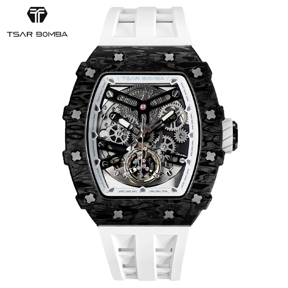 TSAR BOMBA 2022 Luxury Mens Automatic Watch Waterproof Carbon Fiber Clock Tonneau Skeleton Mechanical Wrist Watch for Men Brief Boxers