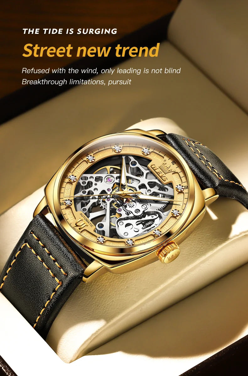 OLEVS 6651 Classic Automatic Mechanical Watch For Men Hollow Skeleton Luxury Leather Wrist Watches Waterproof Luminous Man Watch Brief Boxers