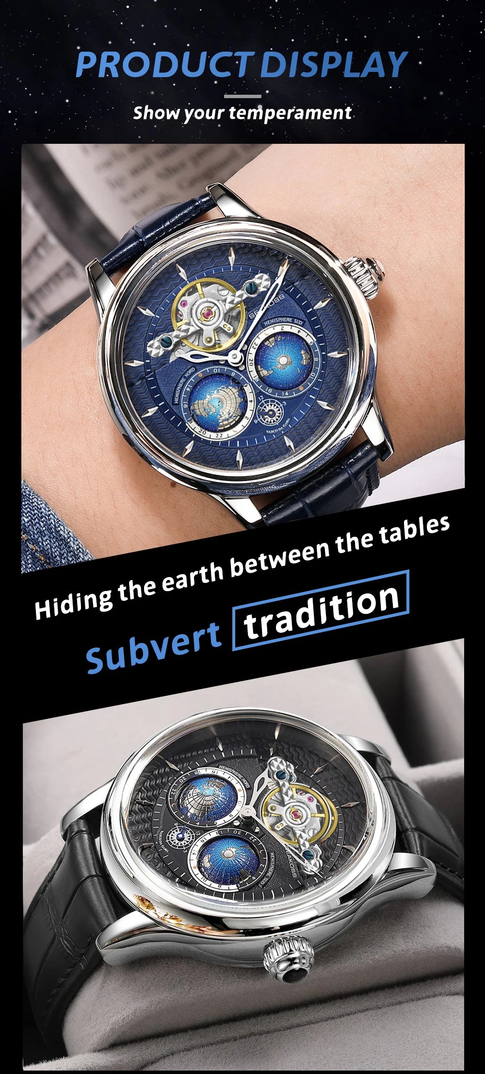 SEAKOSS 3D Luxury Double Earth Rotating Men's Mechanical Watch Automatic Movement Waterproof Clock Pilots Men 1963 Watches