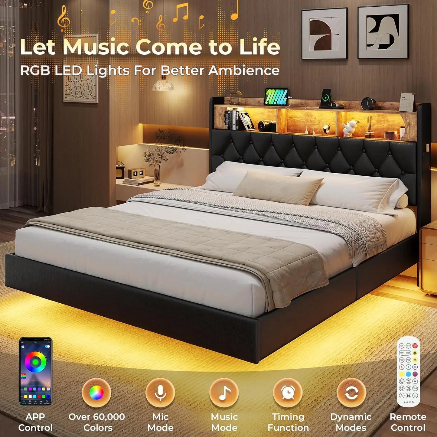 Floating Bed Frame, Floating Platform Bed with Charging Station with LED Lights & Storage Headboard, Modern LED Floating Bed