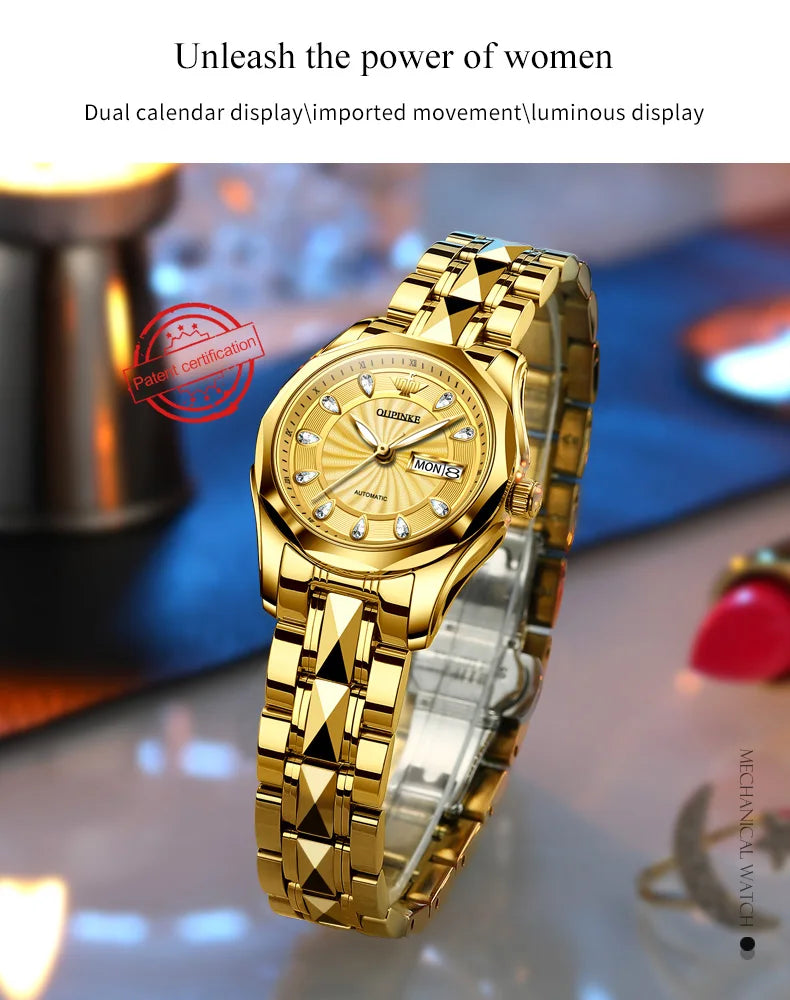 OUPINKE 3172 Fashion Business Mechanical Watch For Women Stainless Steel Dual Calendar Ladies Wristwatch Luxury Automatic Watch Brief Boxers