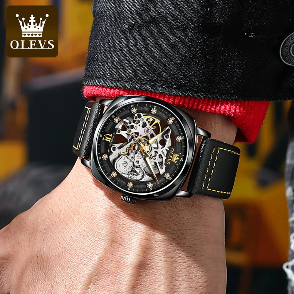 OLEVS 6651 Classic Automatic Mechanical Watch For Men Hollow Skeleton Luxury Leather Wrist Watches Waterproof Luminous Man Watch Brief Boxers