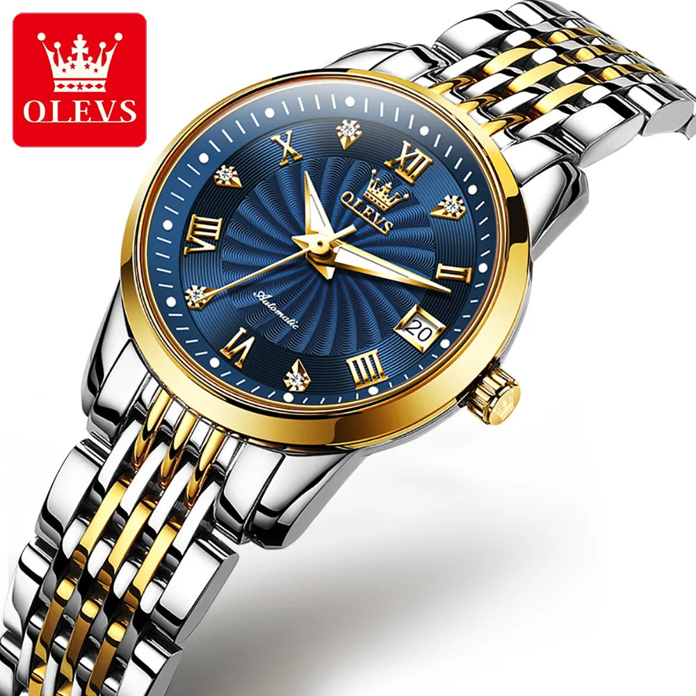 OLEVS 6630 Auto Date Mechanical Watch For Women Stainless Steel Luminous Fashion Wristwatch Roman Scale Waterproof Woman Watches Brief Boxers