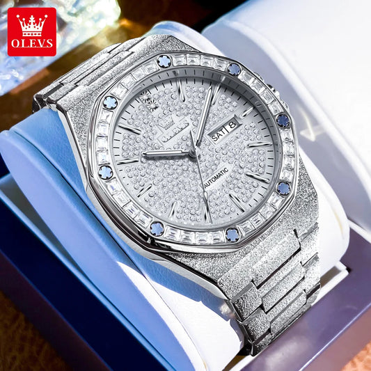 OLEVS 9803 Dual Calendar Luxury Mechanical Watch For Men 44mm Big Dial Diamond Men's Wristwatch Business Waterproof Man Watches Brief Boxers