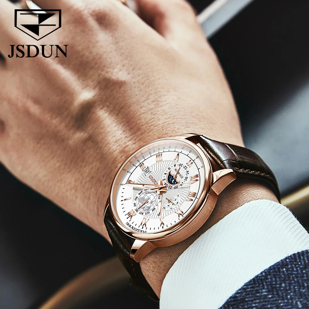 JSDUN 8909 Top Brand Mechanical Watch For Men 24 Hours Display Original Wristwatch Moon Phase Waterproof Classic Man Watches Brief Boxers