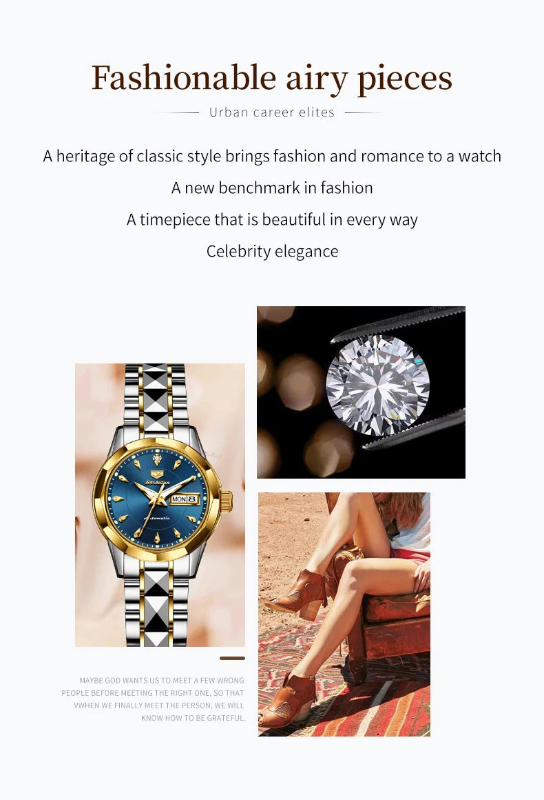 JSDUN 8936 Original Elegant Mechanical Woman Wristwatch Week Date Display Automatic Watch For Women Luxury Waterproof Watches Brief Boxers