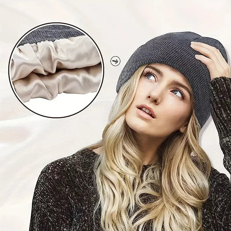 Unisex Satin Lined Anti Static Beanie Hat For Women Winter Silk Lining Slouchy Warm Cuffed 2Layer Hair Cover Sleep Cap Brief Boxers