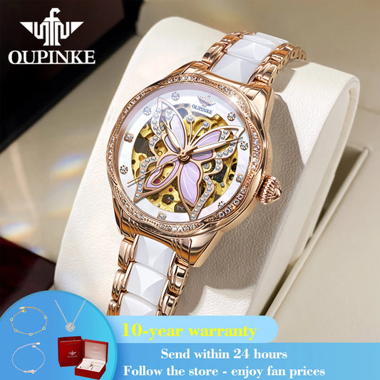 OUPINKE 3239 Hollow Skeleton Mechanical Watch For Women Top Brand Luxury Original Wristwatch Synthetic Sapphire Mirror Watches Brief Boxers