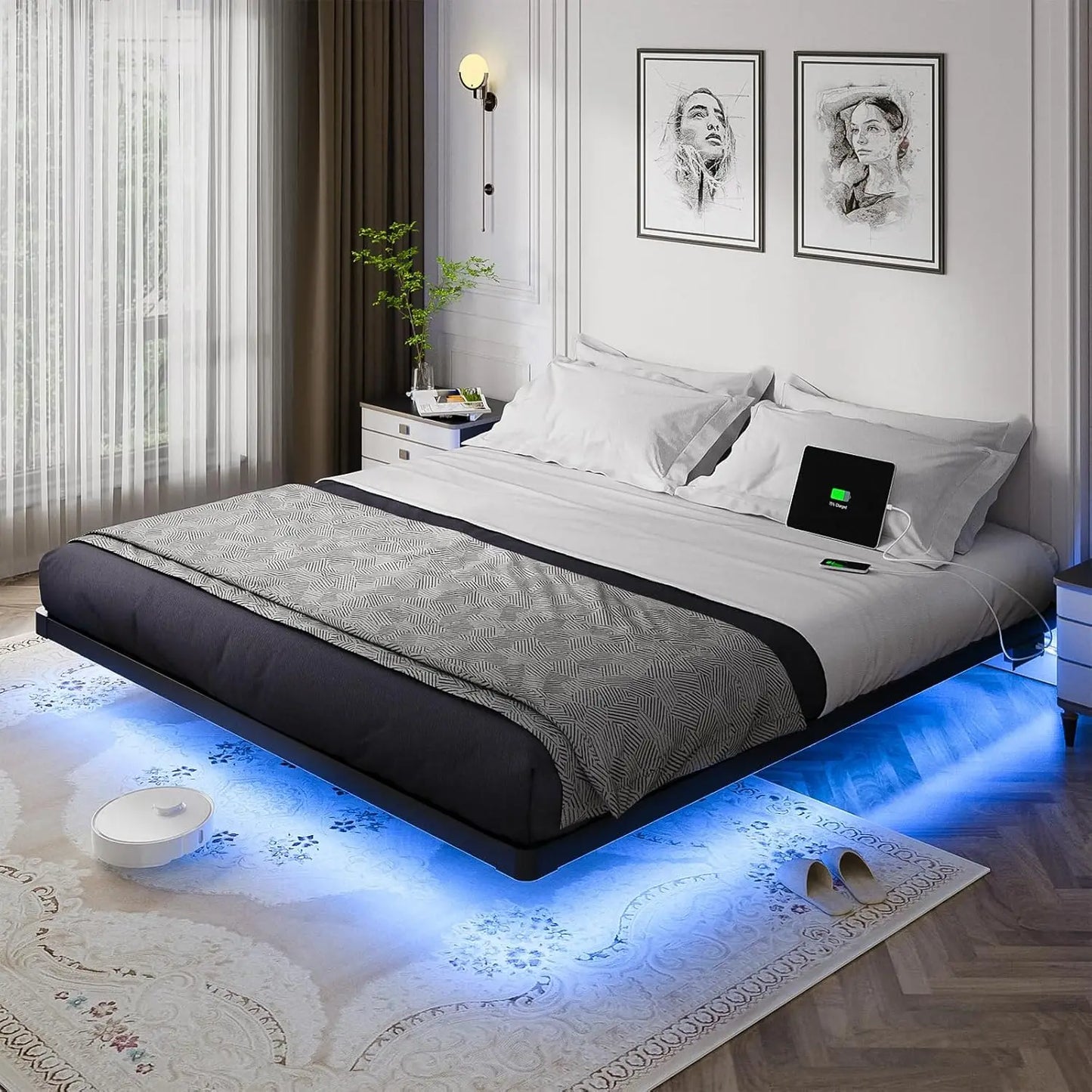 Floating Bed Frame Queen Size with Smart LED Lights and Charging Station - Modern Metal Platform Bed, Easy Assembly