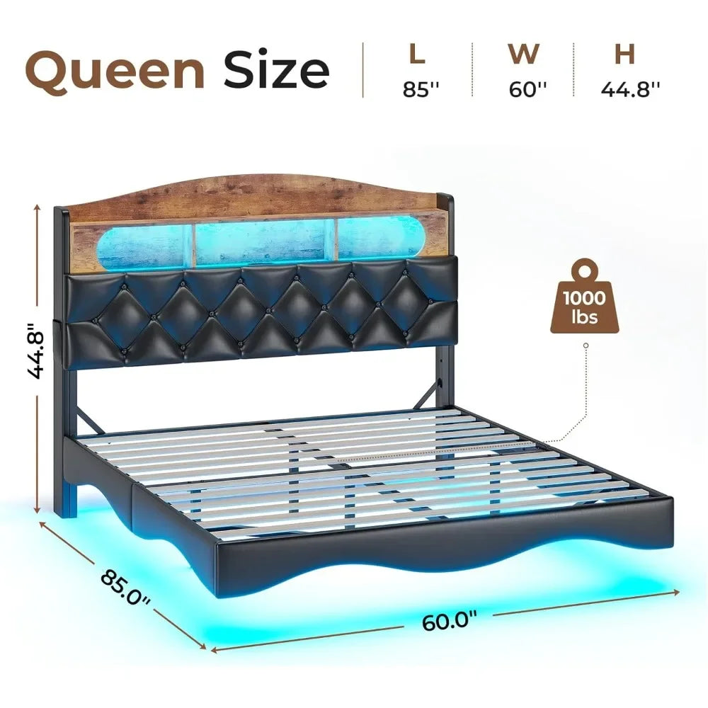 Floating Bed Frame Queen Size with Storage Headboard & Led Lights,Leather Upholstered Platform Bed with Charging Station,RGB Bed