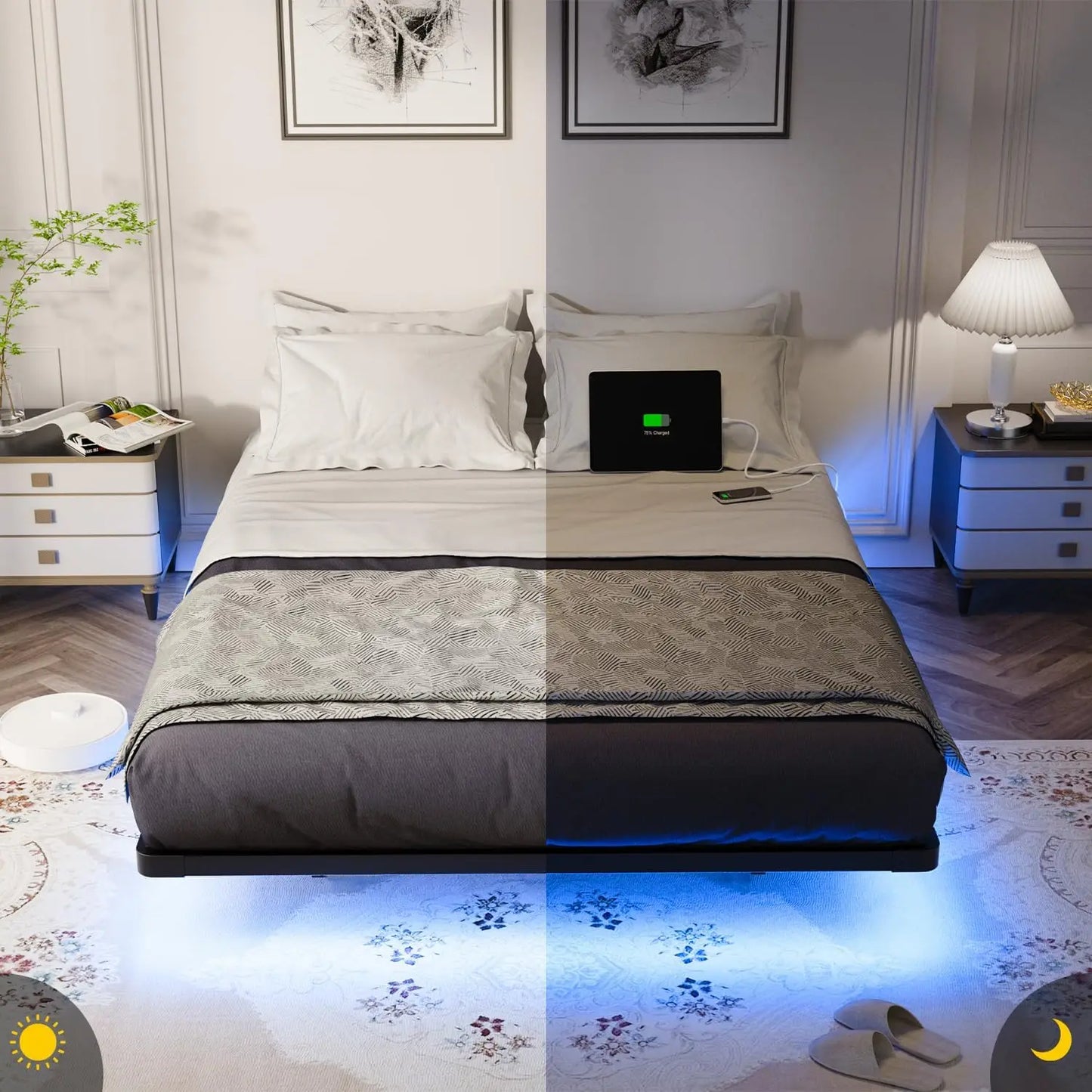 Floating Bed Frame Queen Size with Smart LED Lights and Charging Station - Modern Metal Platform Bed, Easy Assembly