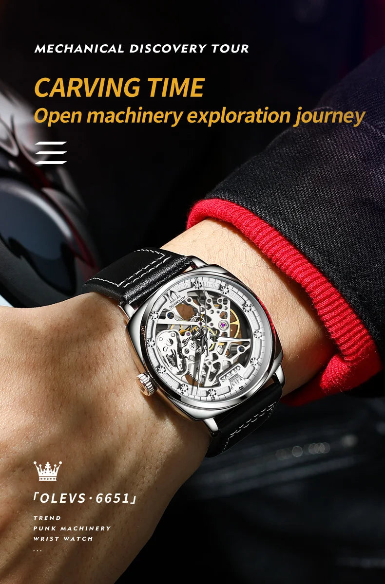 OLEVS 6651 Classic Automatic Mechanical Watch For Men Hollow Skeleton Luxury Leather Wrist Watches Waterproof Luminous Man Watch Brief Boxers