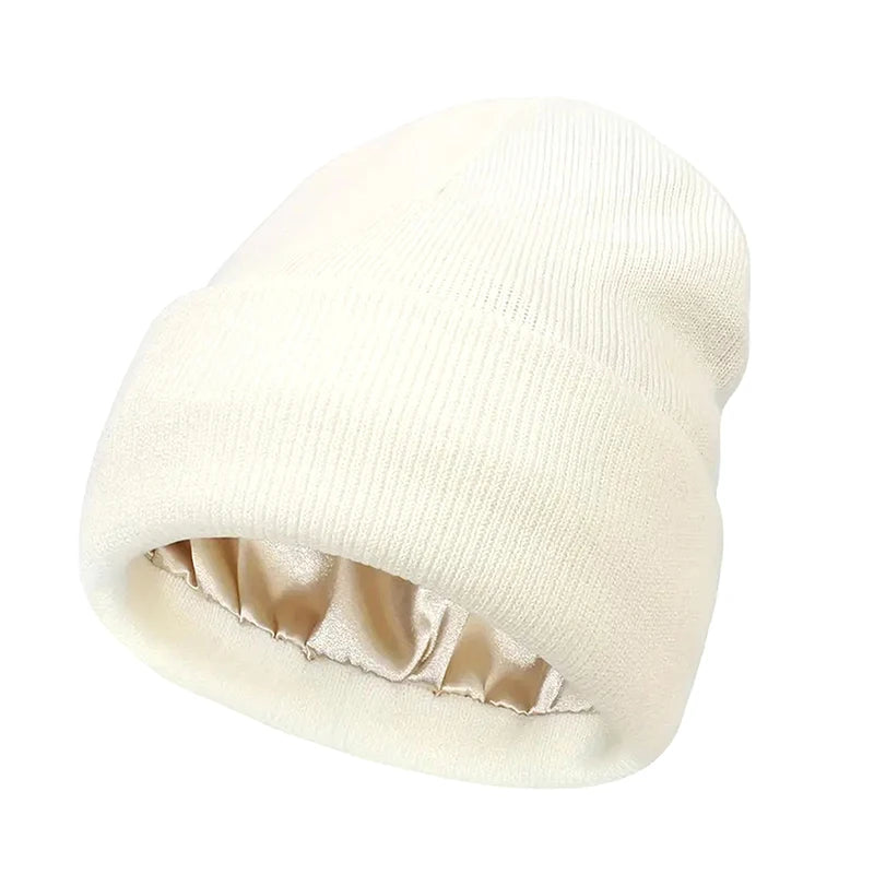 Unisex Satin Lined Anti Static Beanie Hat For Women Winter Silk Lining Slouchy Warm Cuffed 2Layer Hair Cover Sleep Cap Brief Boxers