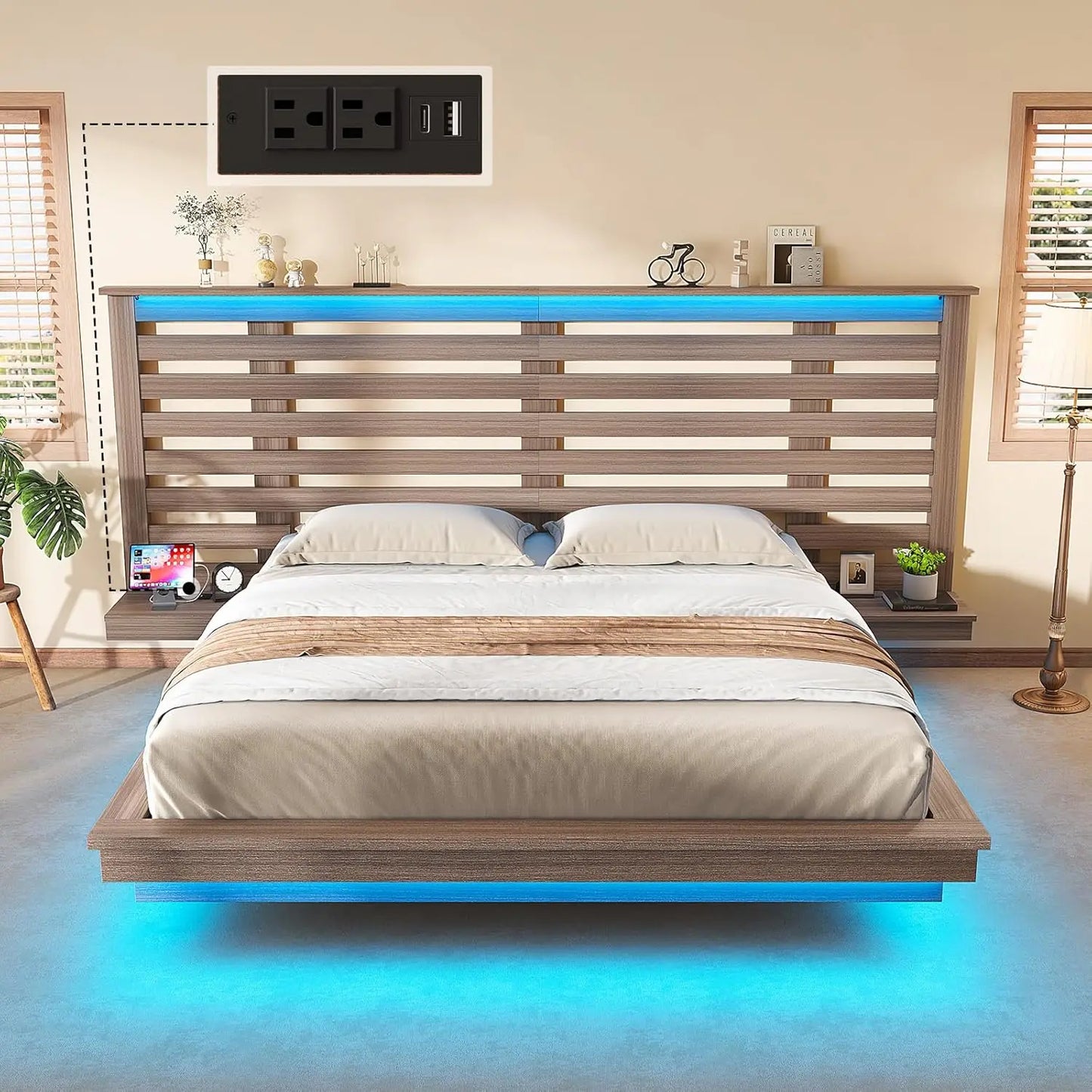 Queen Size Floating Bed Frame with LED Light & Charging Station, Wooden Platform Bed with Extended Headboard & Nightstands