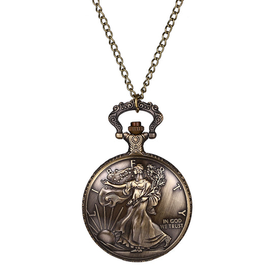 LANCARDO Vintage Bronze American Statue of Liberty Quartz Pocket Watch Chain Unisex Men's Sweater Chain Necklace Pocket Watch