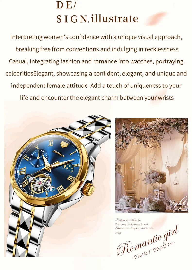 JSDUN 8937 Luxury Elegant Mechanical Wristwatch Roman Scale 50M Waterproof Watch For Women Hollow Skeleton Fashion Dress Watches Brief Boxers