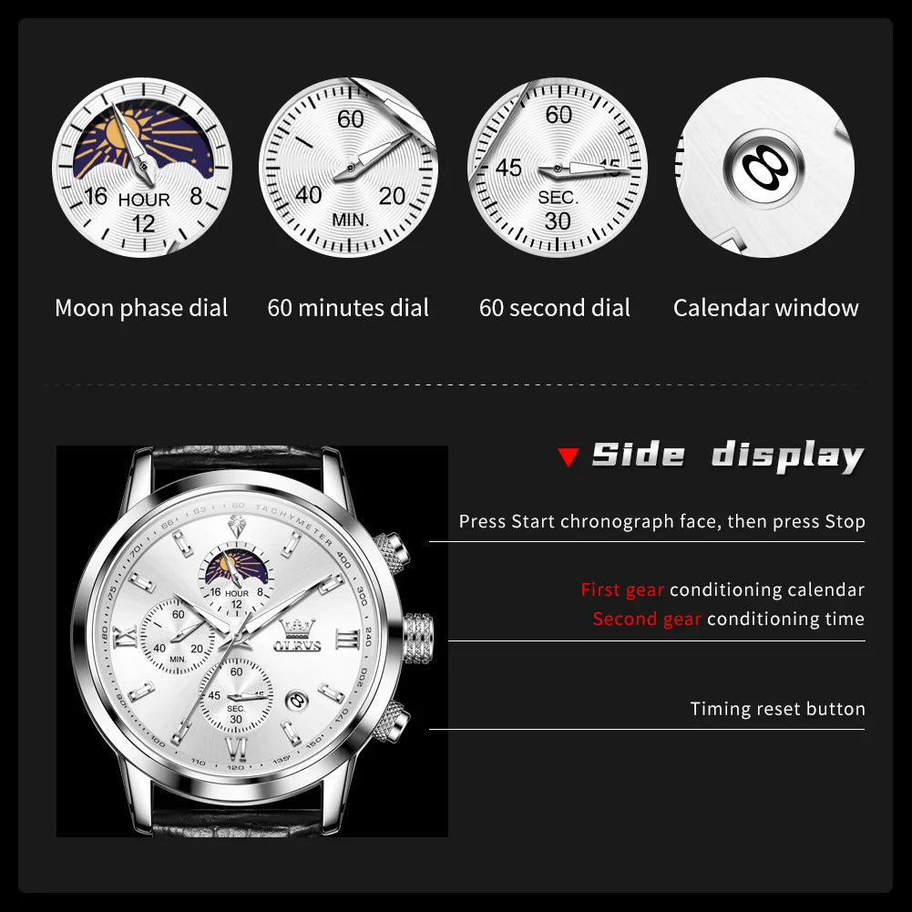 OLEVS 9812 Men's Watch Chronograph Waterproof Moonphase Multi functional Men's Watch Luxury Brand Men's Original Quartz Watch