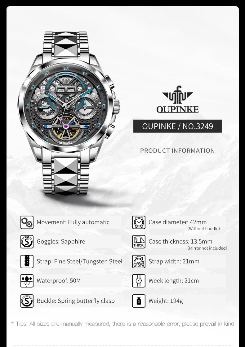 OUPINKE 3249 Top Brand Original Mechanical Watch For Men Hollow Skeleton Synthetic Sapphire Mirror Wristwatch Waterproof Watches Brief Boxers