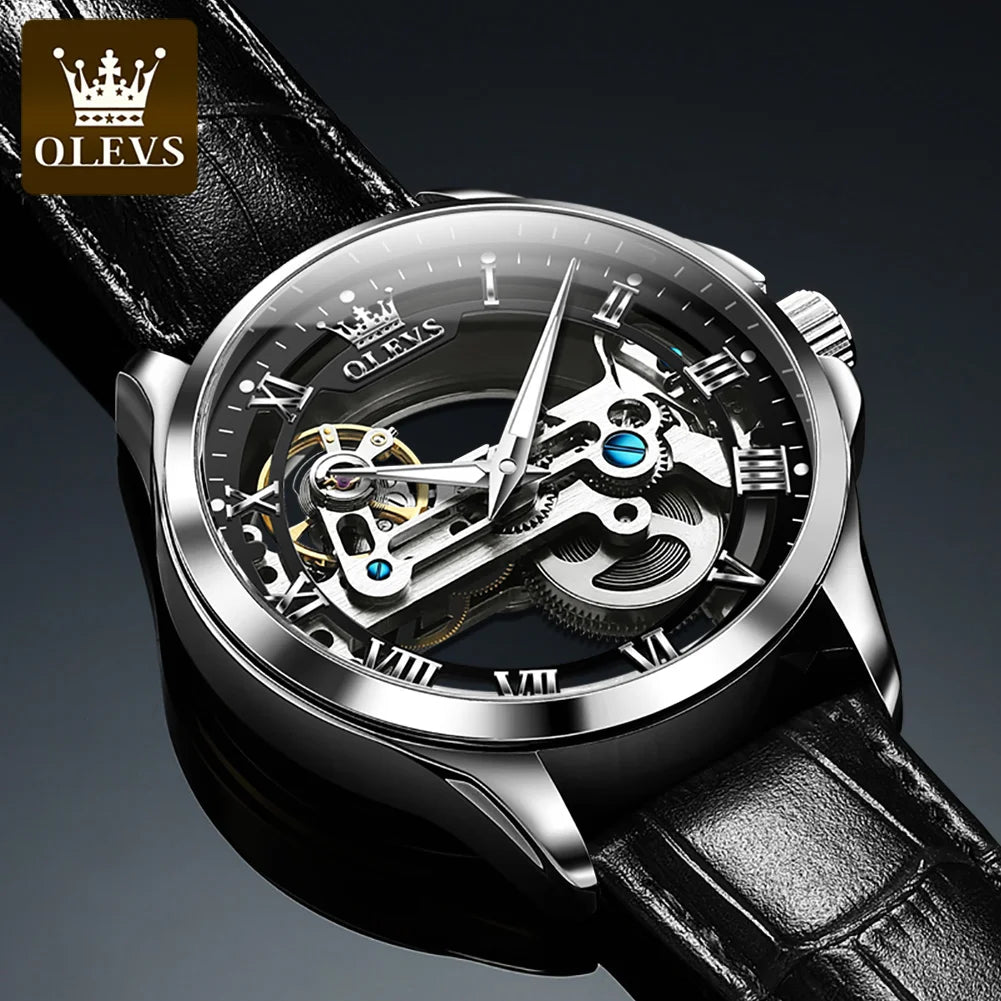 OLEVS 6661 Top Brand Automatic Mechanical Watch For Men Hollow Skeleton Roman Scale Man Watches Waterproof Business Wrist Watch Brief Boxers