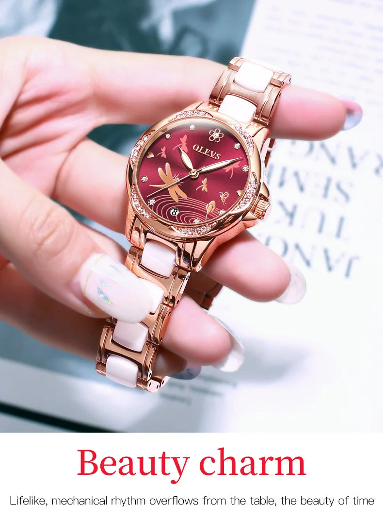 OLEVS 6610 Fashion Top Brand Mechanical Watch For Women Auto Date Ceramic Steel Strap Wristwatch Waterproof Luminous Woman Watch Brief Boxers