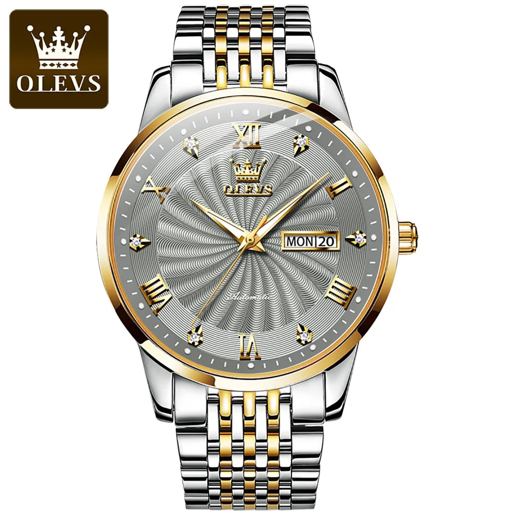 OLEVS 6630 Fashion Business Mechanical Watch For Men Dual Calendar Luminous Wristwatch Roman Scale Deep Waterproof Man Watches Brief Boxers