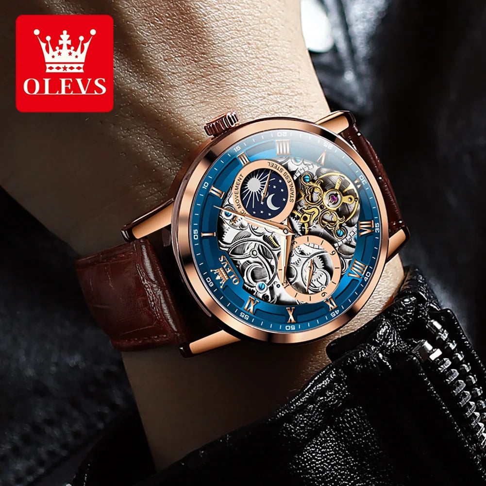 OLEVS 6670 Moon Phase Mechanical Watch For Men 44mm Big Dial Luxury Original Top Brand Man Watch Hollow Skeleton Leather Watches Brief Boxers