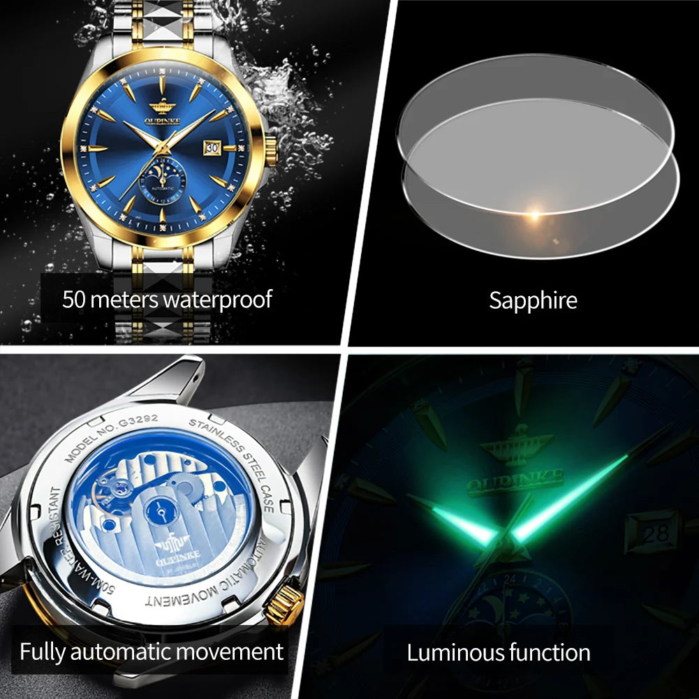 OUPINKE 3292 Fashion Moon Phase Men Automatic Watch 50M Deep Waterproof Mechanical Watch For Men Date Business Man Wristwatch Brief Boxers