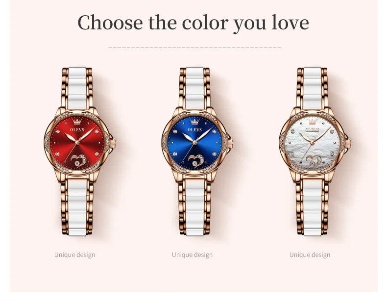 OLEVS 6631 Luxury Date Mechanical Watch For Women Original Ceramic Steel Strap Woman Wristwatch Deep Waterproof Dress Watches Brief Boxers