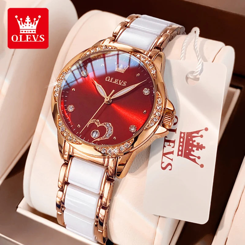 OLEVS 6631 Luxury Date Mechanical Watch For Women Original Ceramic Steel Strap Woman Wristwatch Deep Waterproof Dress Watches Brief Boxers