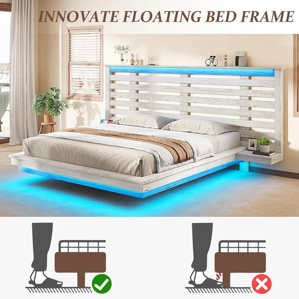 Queen Size Floating Bed Frame with LED Light & Charging Station, Wooden Platform Bed with Extended Headboard & Nightstands