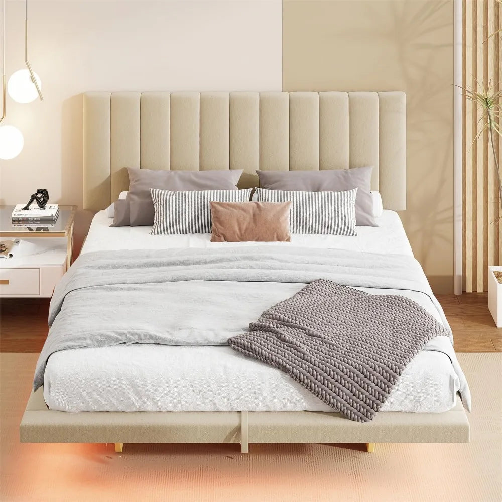 Queen Floating Bed with LED Lights，USB Charging Ports, Velvet Upholstered Bed Frame with Headboard，Hydrualic Storage Bed