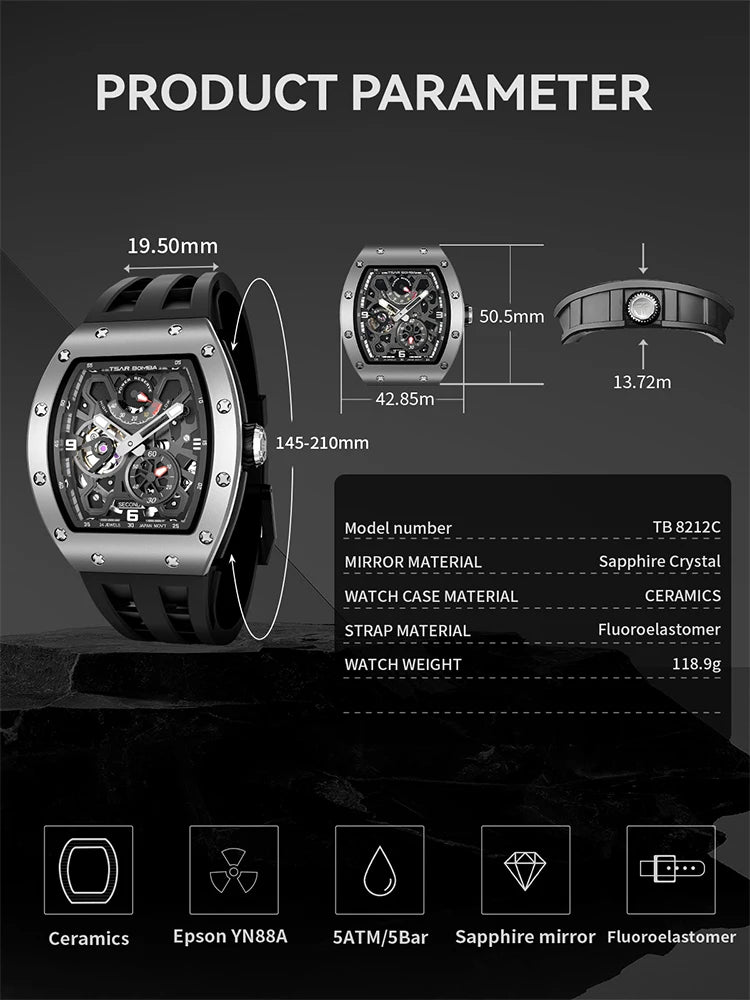 TSAR BOMBA Ceramics Mens Watch TB-8212 Luxury Automatic Mechanical Wrist watch for Men Brief Boxers