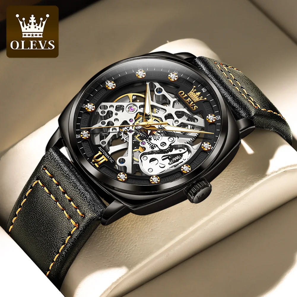 OLEVS 6651 Classic Automatic Mechanical Watch For Men Hollow Skeleton Luxury Leather Wrist Watches Waterproof Luminous Man Watch Brief Boxers