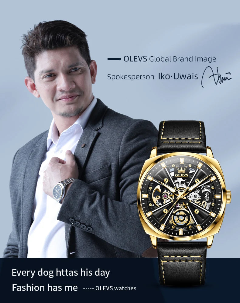 OLEVS 6685 Luxury Automatic Dress Wristwatch Hollow Skeleton Mechanical Watch For Men Waterproof Luminous Leather Man Watch 2024 Brief Boxers