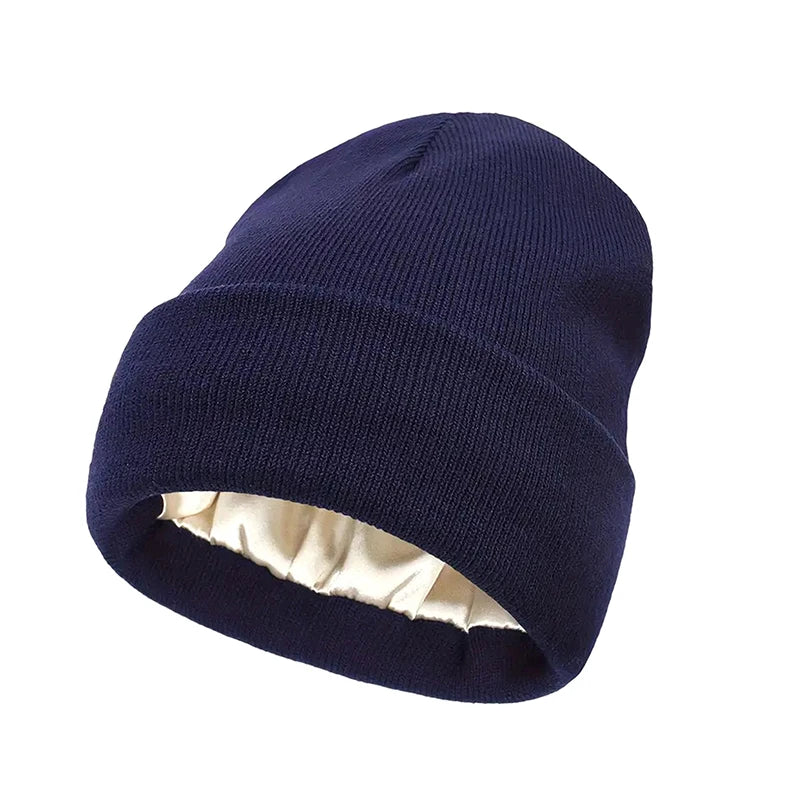 Unisex Satin Lined Anti Static Beanie Hat For Women Winter Silk Lining Slouchy Warm Cuffed 2Layer Hair Cover Sleep Cap Brief Boxers