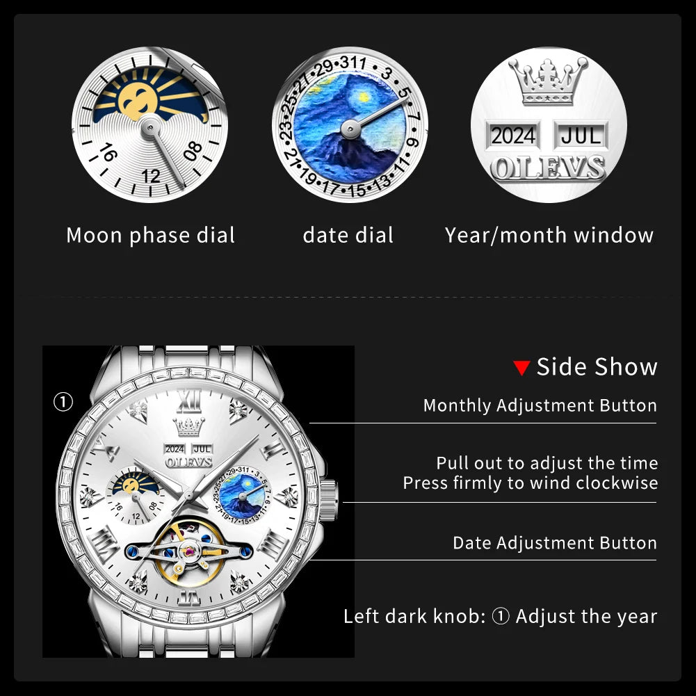 OLEVS 6712 Original Moon Phase Men Automatic Watch Hollow Skeleton Date Mechanical Watch For Men Waterproof Luxury Wristwatch Brief Boxers