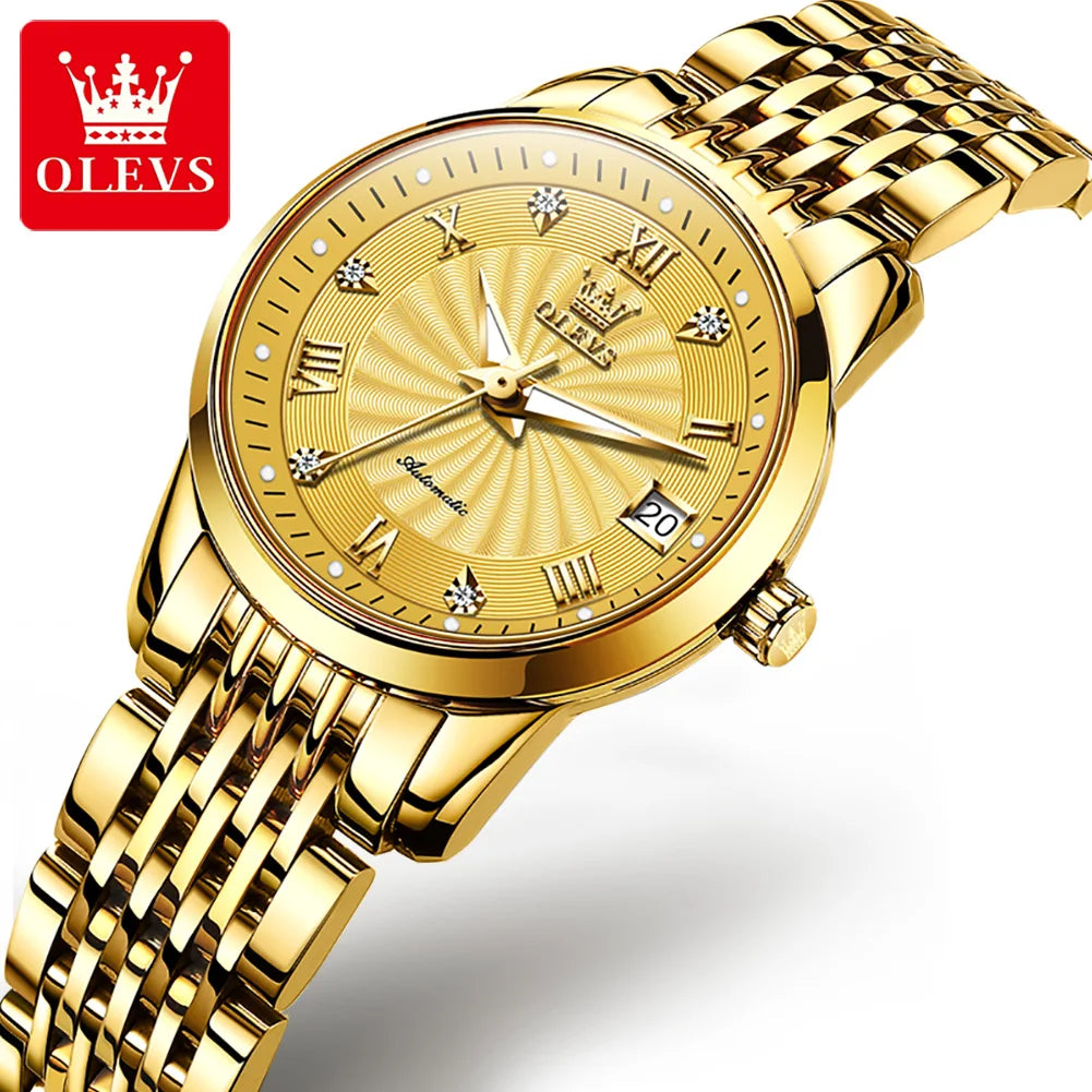 OLEVS 6630 Auto Date Mechanical Watch For Women Stainless Steel Luminous Fashion Wristwatch Roman Scale Waterproof Woman Watches Brief Boxers