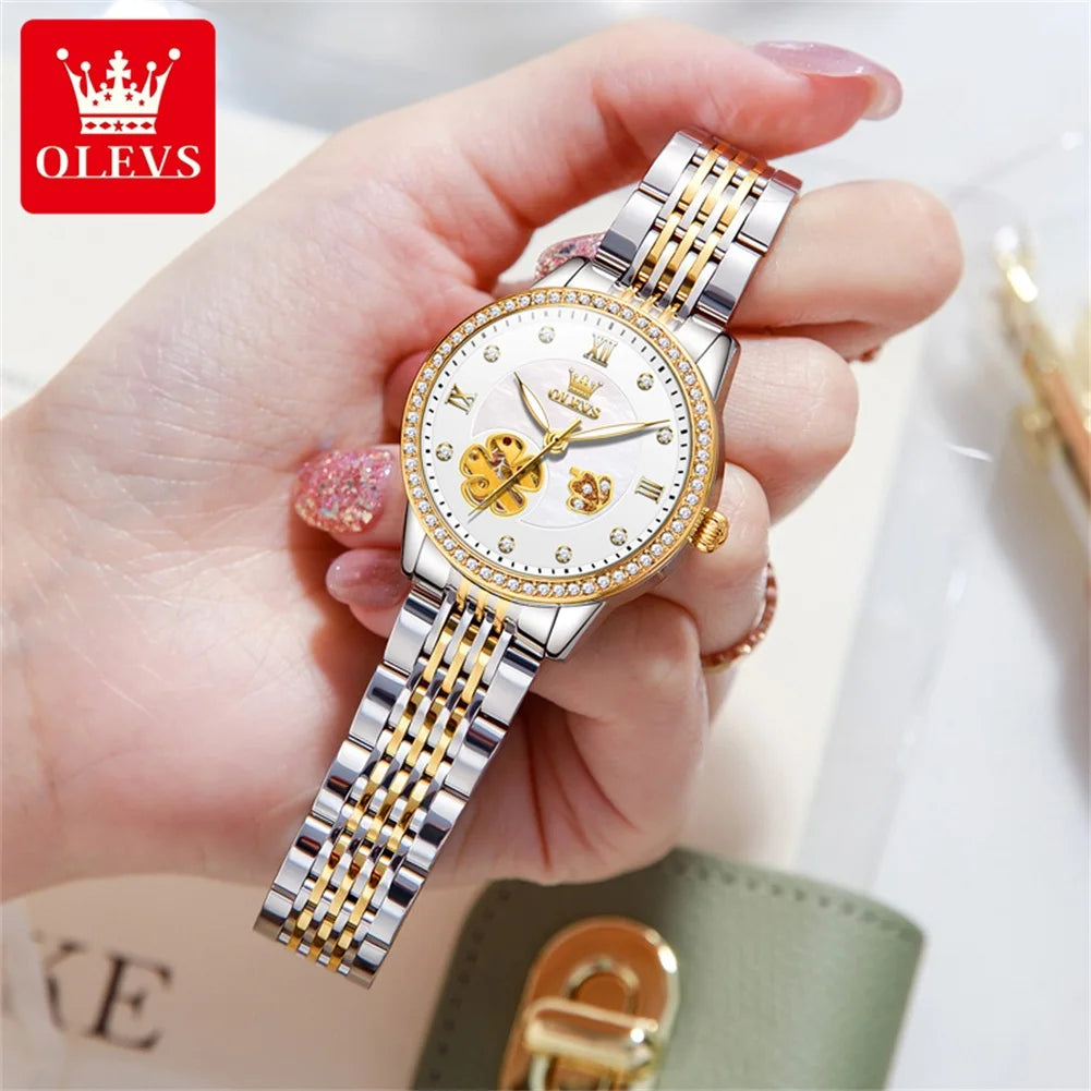 OLEVS 6706 Diamond Scale Luxury Woman Automatic Watch Hollow Mechanical Luminous Watch For Women Classic Waterproof Wristwatch Brief Boxers