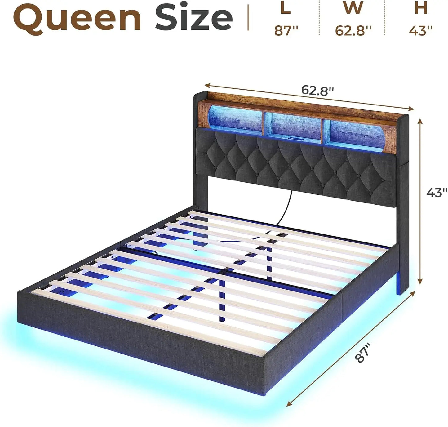 Floating Bed Frame, Floating Platform Bed with Charging Station with LED Lights & Storage Headboard, Modern LED Floating Bed