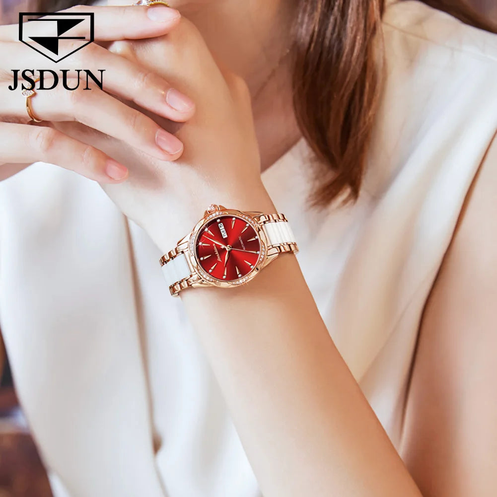 JSDUN 8821 Dual Calendar Mechanical Watch For Women Ceramic Steel Strap Luxury Wristwatch Sapphire Mirror Waterproof Woman Watch Brief Boxers