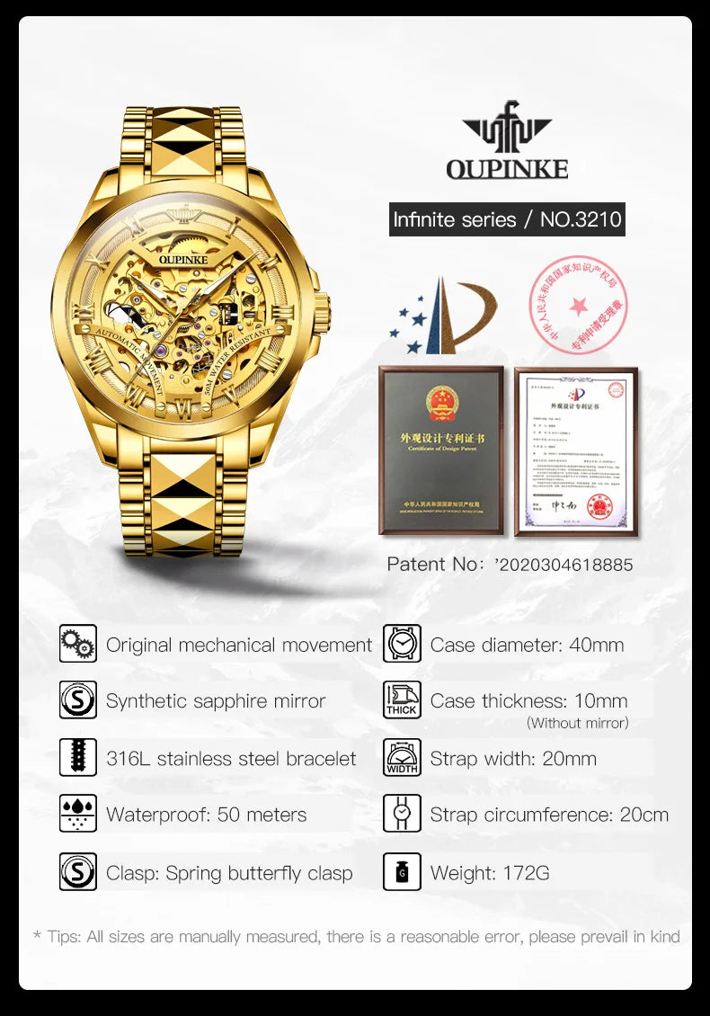 OUPINKE 3210 Business Hollow Mechanical Watch For Men Waterproof Automatic Wristwatch Luminous Roman Scale Original Man Watches Brief Boxers