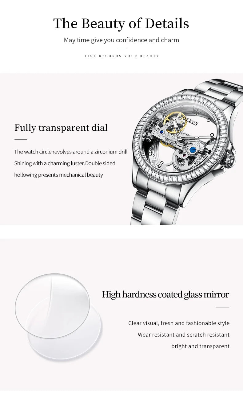 OLEVS 6699 Luxury Original Mechanical Watch For Women Hollow Skeleton Top Brand Wristwatch Waterproof Fashion Woman Watches 2024 Brief Boxers