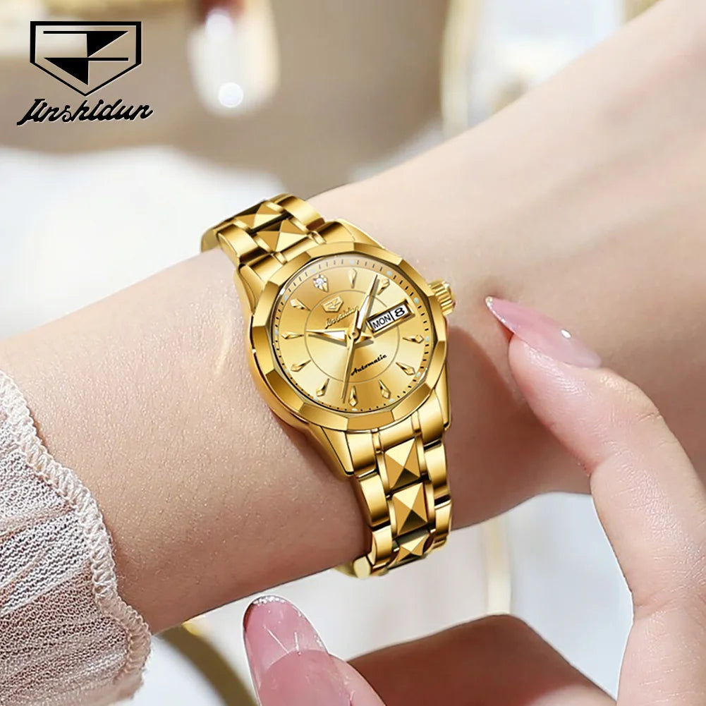 JSDUN 8936 Original Elegant Mechanical Woman Wristwatch Week Date Display Automatic Watch For Women Luxury Waterproof Watches Brief Boxers