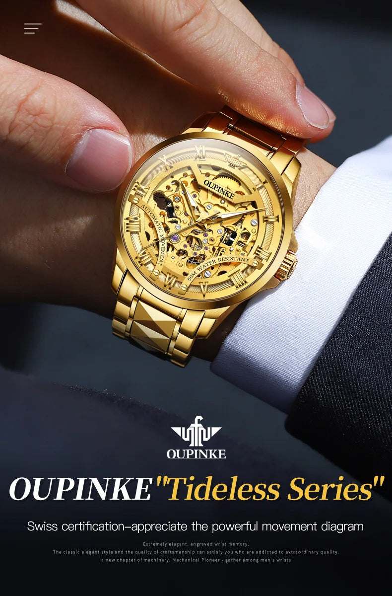 OUPINKE 3210 Business Hollow Mechanical Watch For Men Waterproof Automatic Wristwatch Luminous Roman Scale Original Man Watches Brief Boxers