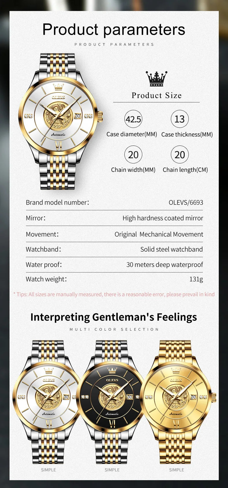 OLEVS 6693 Top Brand Dragon Mechanical Watch For Men Waterproof Automatic Dress Wrist Watches 42.5mm Big Dial Calendar Man Watch Brief Boxers